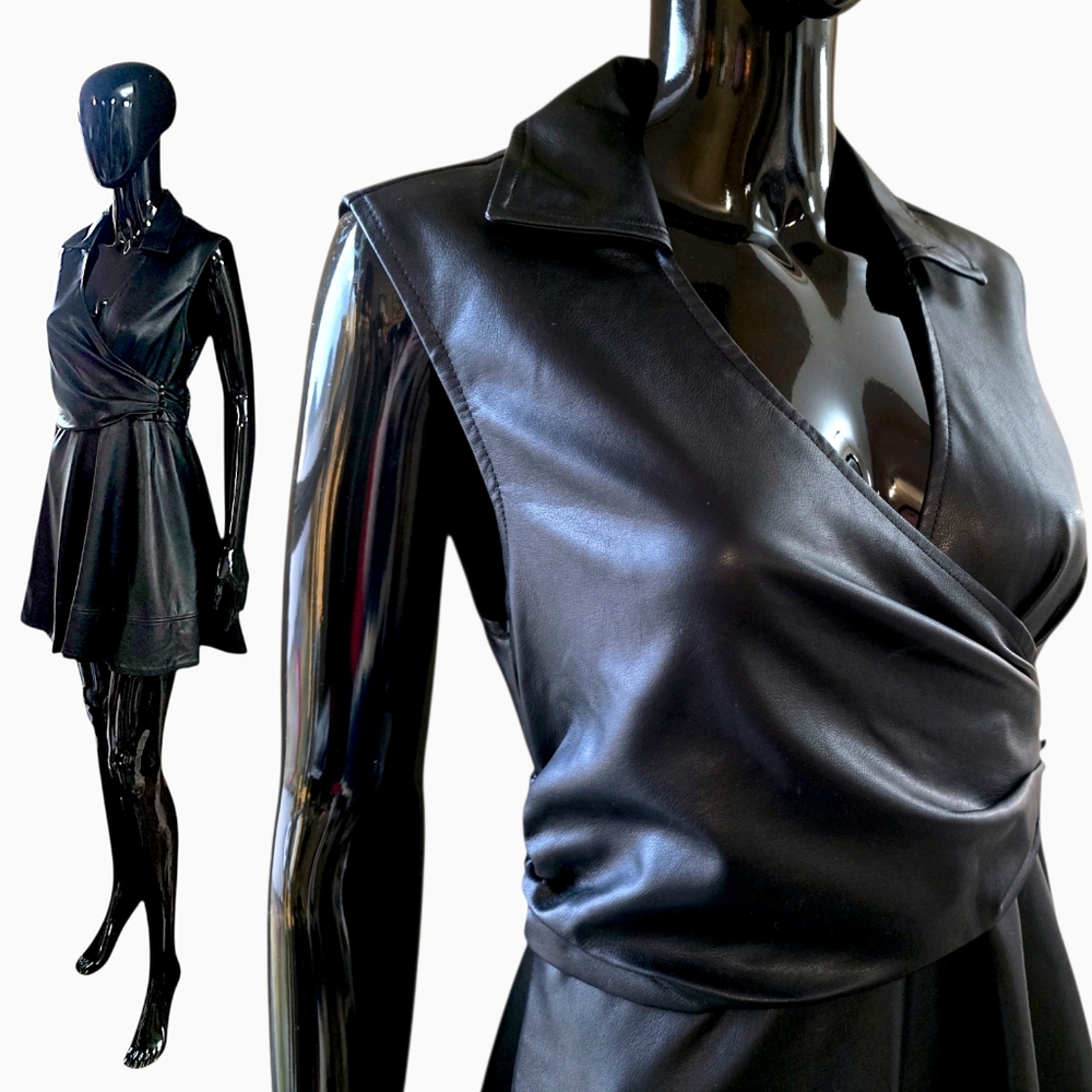 Anthropologie Maeve Black Faux Leather Wrap Mini Dress with Pockets | Size 6